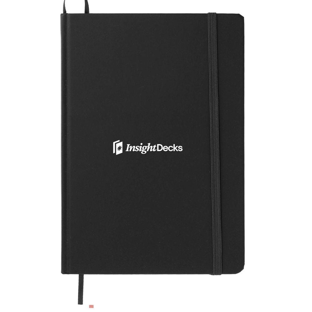 Black notebook with InsightDecks logo on a white background
