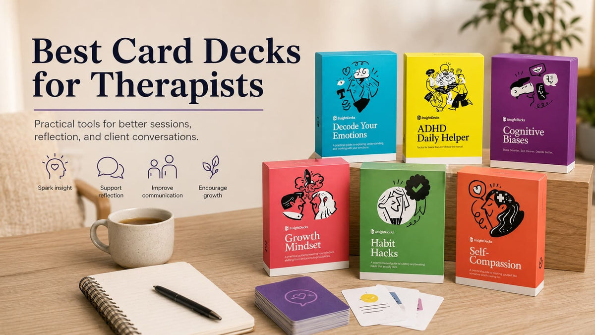 Insight Decks card decks for therapists, including emotion, self-compassion, cognitive bias, and communication decks.