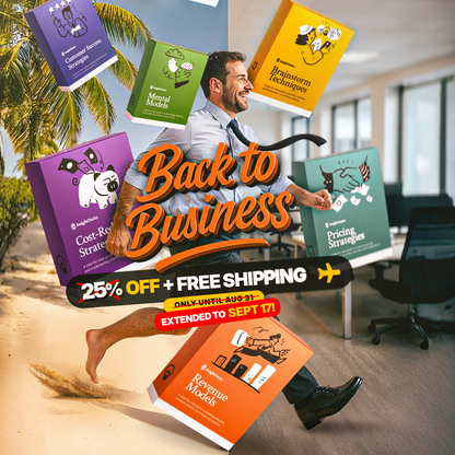 Promotional graphic for InsightDecks business strategy decks with a man sitting on a beach and office elements.